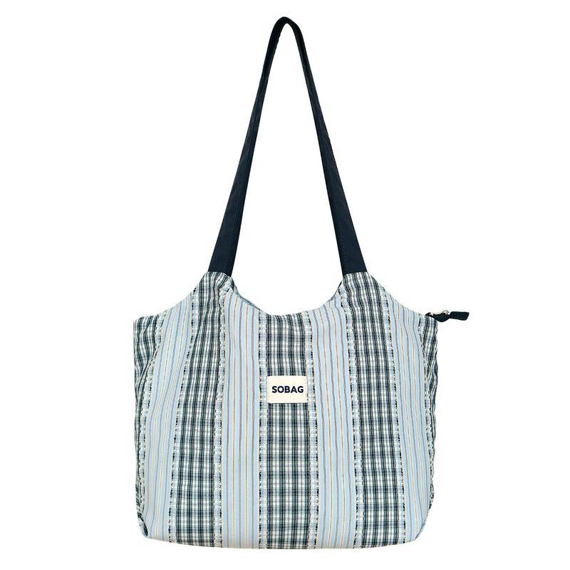 

Sobag Summer Japan fashion Dopamine Blue Plaid Canvas Shoulder Bag Women Casual Large Capacity Commuter Tote Bag Blue