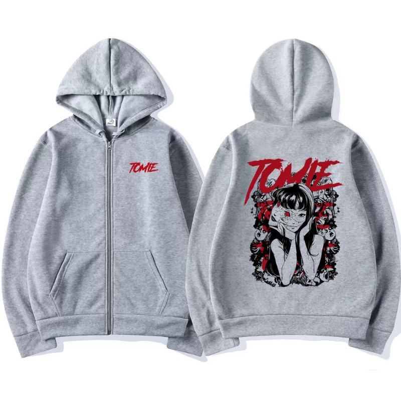 Japanischer Anime Tomie Junji Ito Reißverschluss Hoodie Herren Damen Vintage Manga Horror Zip Up Jacke Unisex Freizeit Fleece Zip Up Sweatshirt