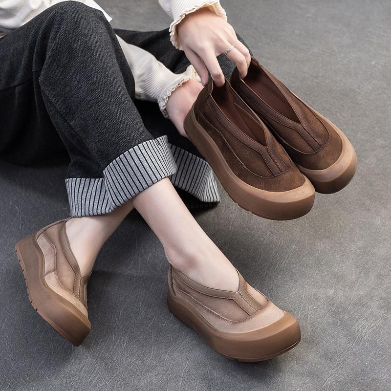 Johnature Genuine Leather Thick Soled Round Toe Loafers Retro Comfortable Women's Flat Platform Shoes