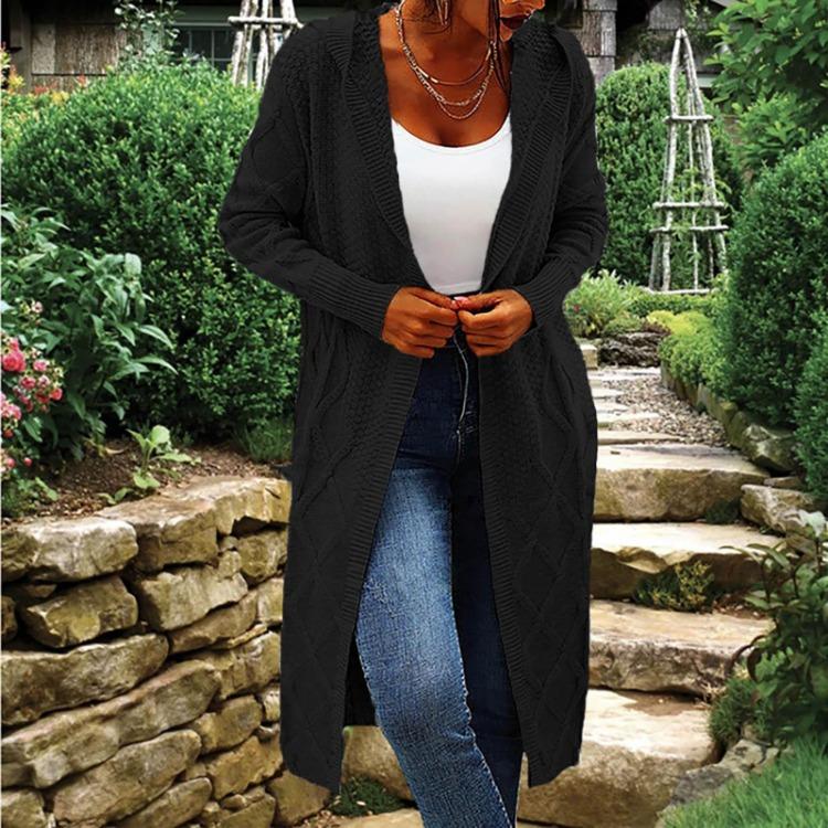 

Hooded Jacket Women Solid Color Loose Knit Sweater Mid Length Autumn Winter S чёрный