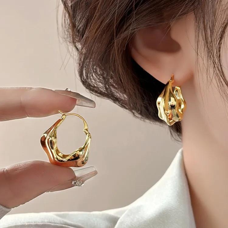 Real  Sterling Silver Minimalist Irregular Geometric Hoop Earrings for Women Exaggerated Vintage Fine  Accessories