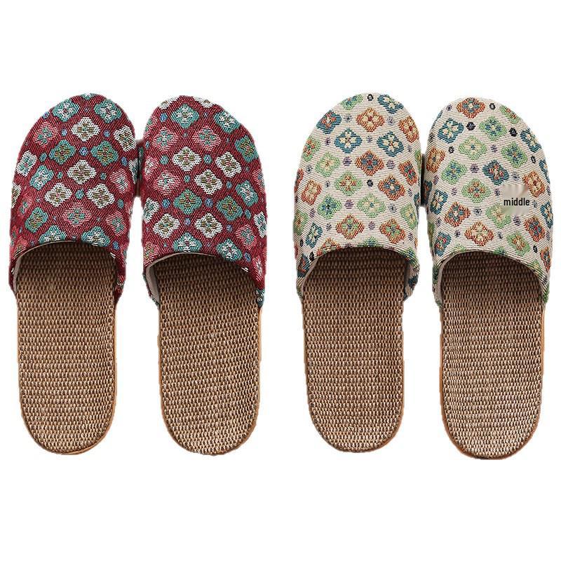 Women's Ethnic Floral Linen Sandals - Breathable Toe-Cover Slippers for Home