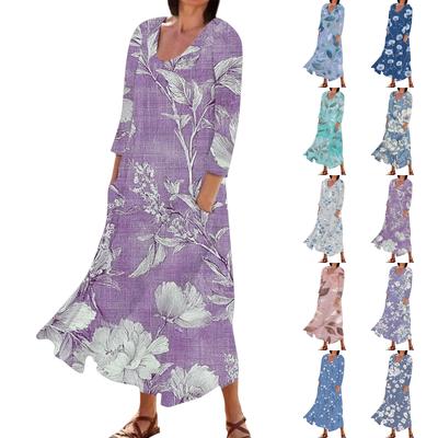 Women's Casual Floral Print Three,Quarter Sleeve Comfortable Pocket Dress
