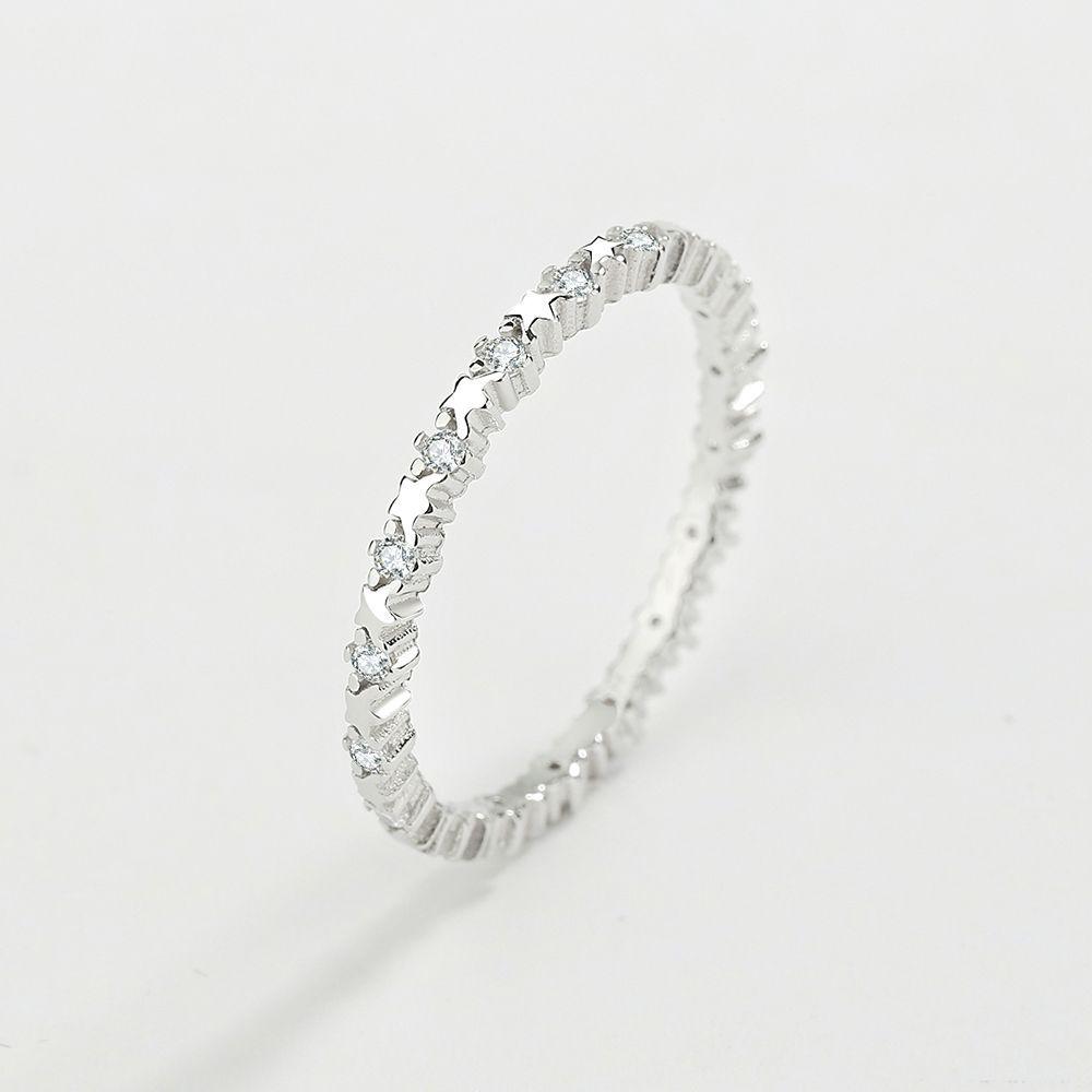 

S925 Sterling Silver Star Ring: Japanese & Korean Style, Single Row with Small Diamonds Size 6