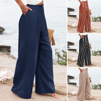 Women Trousers Button Zipper Fly High Waist Long Pants Striped Print Straight Wide Leg Long