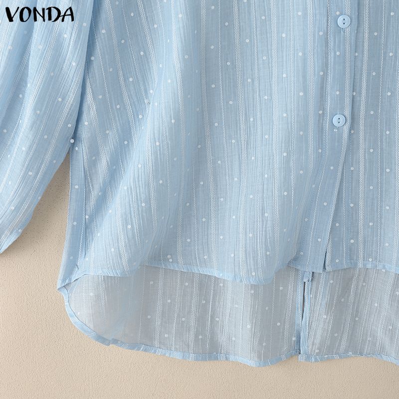 VONDA Women Casual Loose Lapel Neck Long Sleeve Polka Dots Semi-Sheer Blouse Shirts