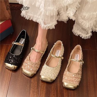 French Glitter Bling Mid Heel Pumps Women's Fashion Slip-on Footwear Comfortable Office Ladies Mary Janes Buckle Strap Casual