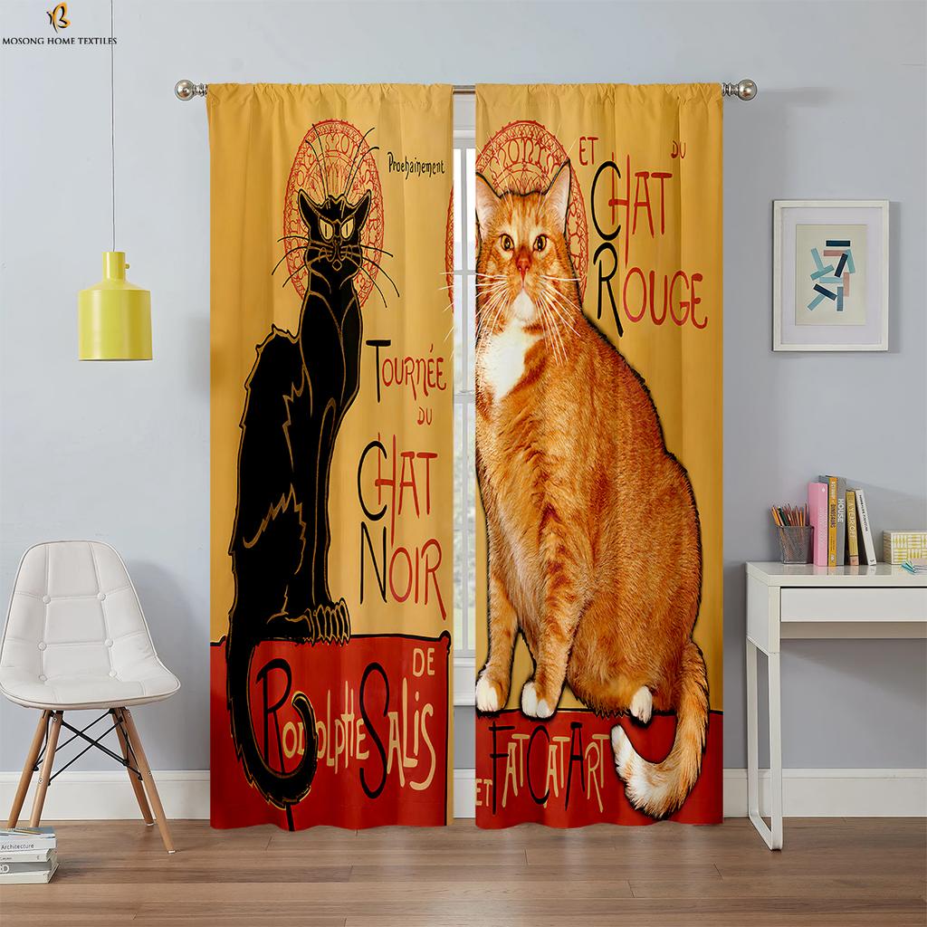 Black Cool Cat Printed Curtain Bedroom Kitchen Living Room Kids Decorative Curtains Set Of 2 Made Polyester With Rod Pocket Sitting Decor
