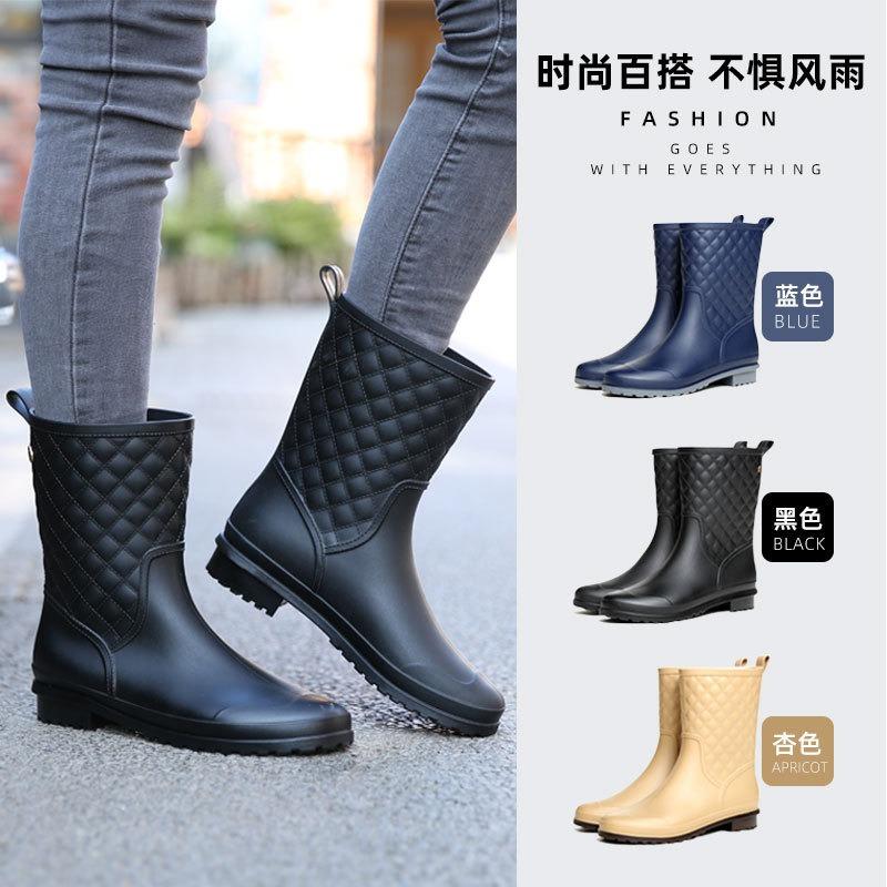 Water shoes, rubber shoes, non-slip medium tube plaid women's fashion rain shoes, warm and wear-resistant casual adult rain boots