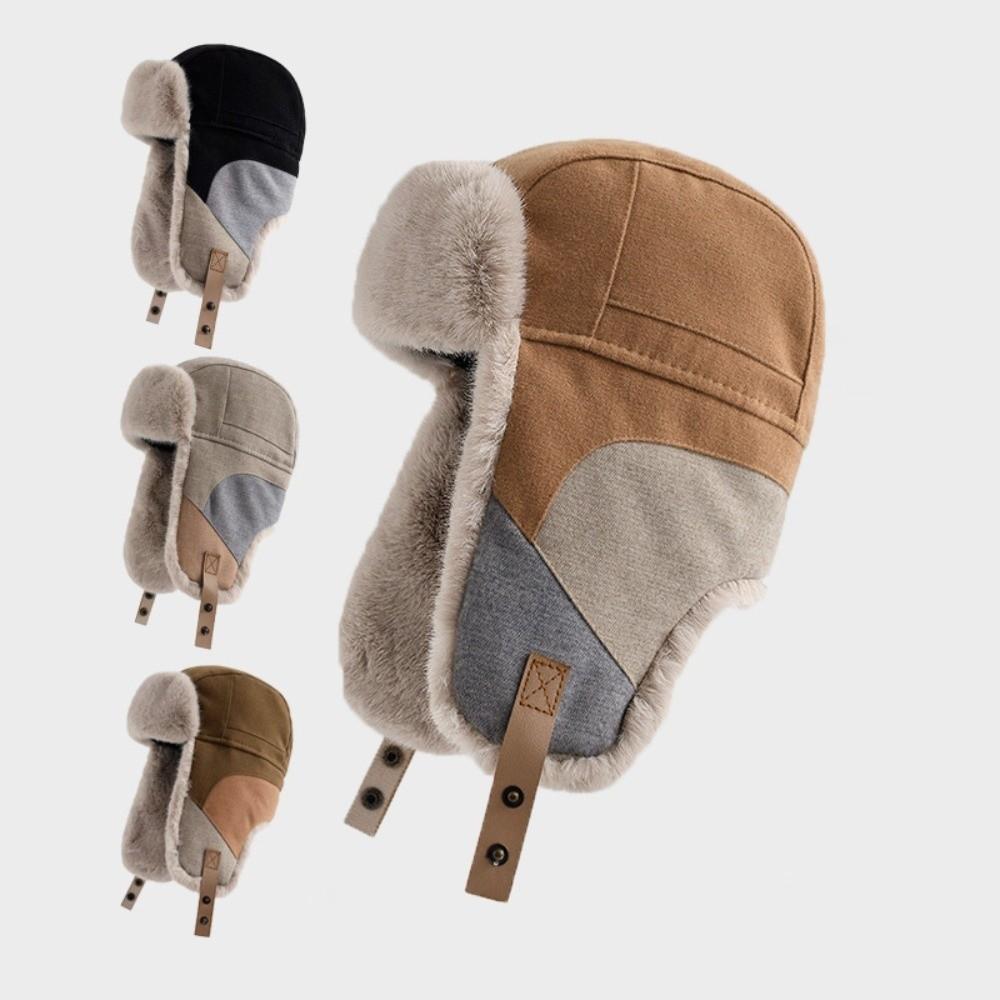 Fleece Lined Warm Earflap Cap Thick Thermal Patchwork Ski Cap Windproof Winter Hat  Daily Commute