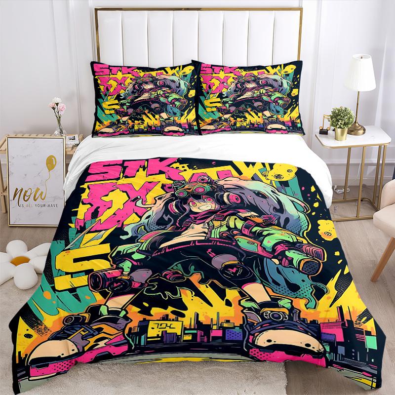 3pcs Vivid Skateboarder Graffiti Art Quilt Cover Set - Soft & Comfortable Polyester Fabric, All-Season Breathable Comforter Set For 1 Quilt Cover