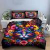 3Pcs Rainbow Flower Cat Bedding Set, Colorful Cat with Floral Details Print Duvet Cover, Artistic Style