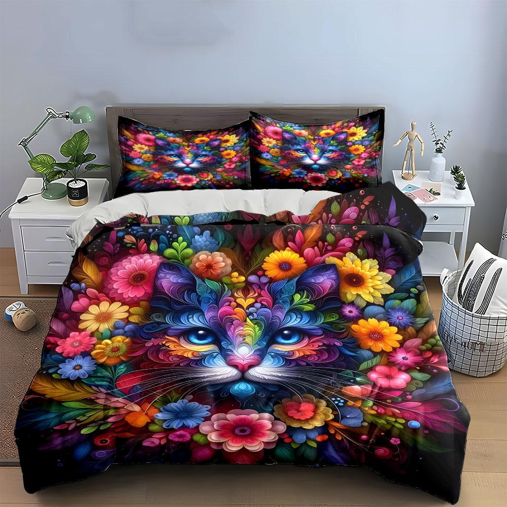 3Pcs Rainbow Flower Cat Bedding Set, Colorful Cat with Floral Details Print Duvet Cover, Artistic Style