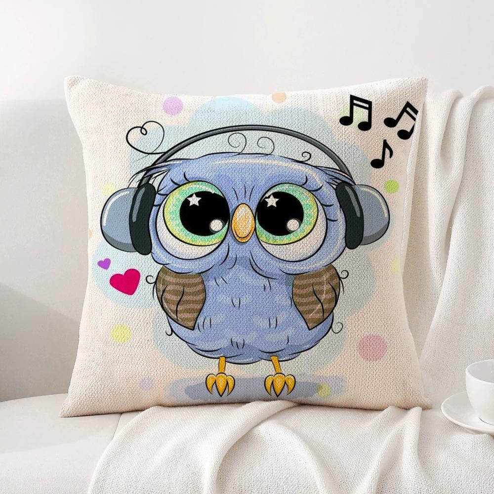 Cute Cartoon Owl Cushion Cover Natural Linen Organic Fabric DoubleSided Printing Sofa Home Decor Breathable Bed Pillow