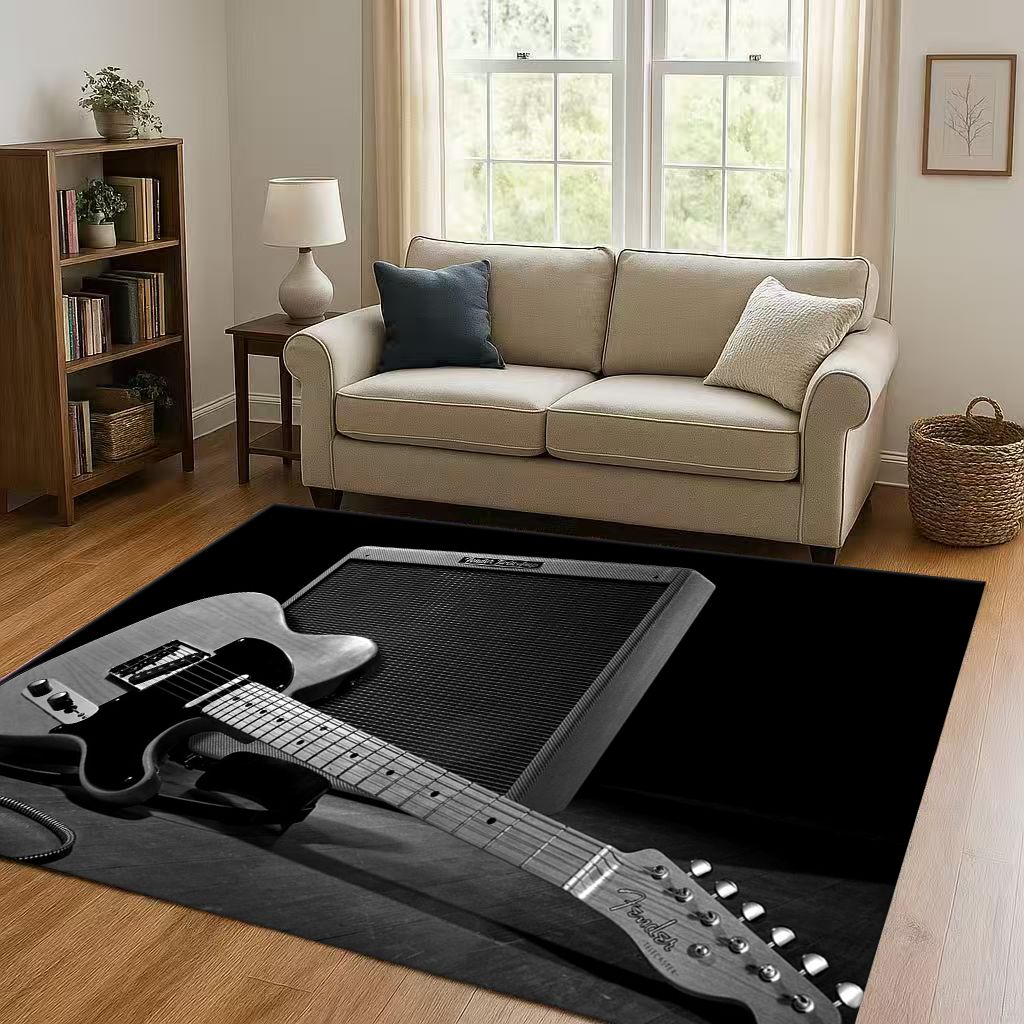3D F Fender Guitar Musical Instrument Sign Living Room Non Slip Area Rug Carpet for Bedroom Sofa,Easy Clean Home Decor Doormat