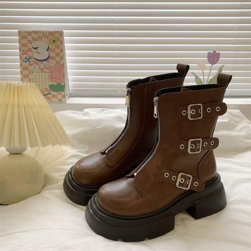 Women Mid-calf Boots Fashion Belt Buckle Designer Women Boots Round Toe Platform Boot Retro Casual Leather Boots for Women Botas
