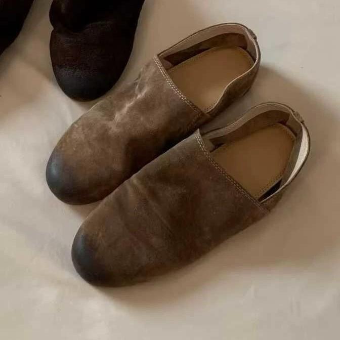 

Sheepskin version~ retro niche matte polished color round head deep mouth flat bottom one pedal loafers women s autumn and winter single shoes 40