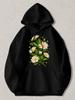 Black Pullover Hoodie with White Daisy Flower And Green Leaf Print Sparkle Graphic Sweatshirt Casual Streetwear Top for Daily Wear