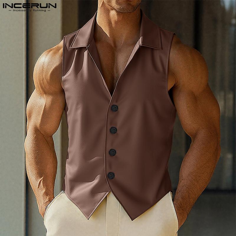 INCERUN Men Lapel Sleeveless PU Faux Leather Casual Irrgular Vest Waistcoat