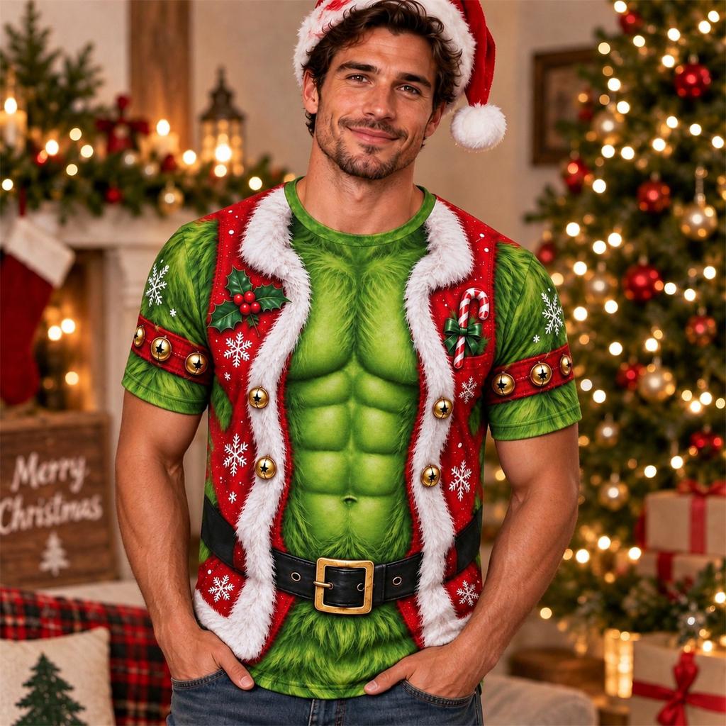 Men's Casual Crewneck T-Shirt Short Sleeve Christmas Print Top for Holiday Everyday Wear