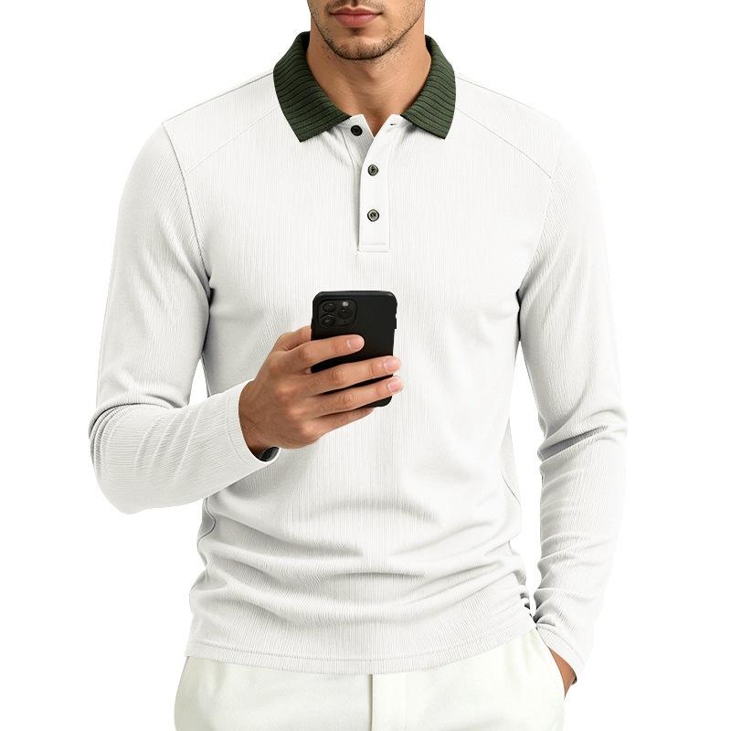 Mens Casual Color Block Long Sleeve Polo Shirt Wrinkle Resistant Breathable Jacquard