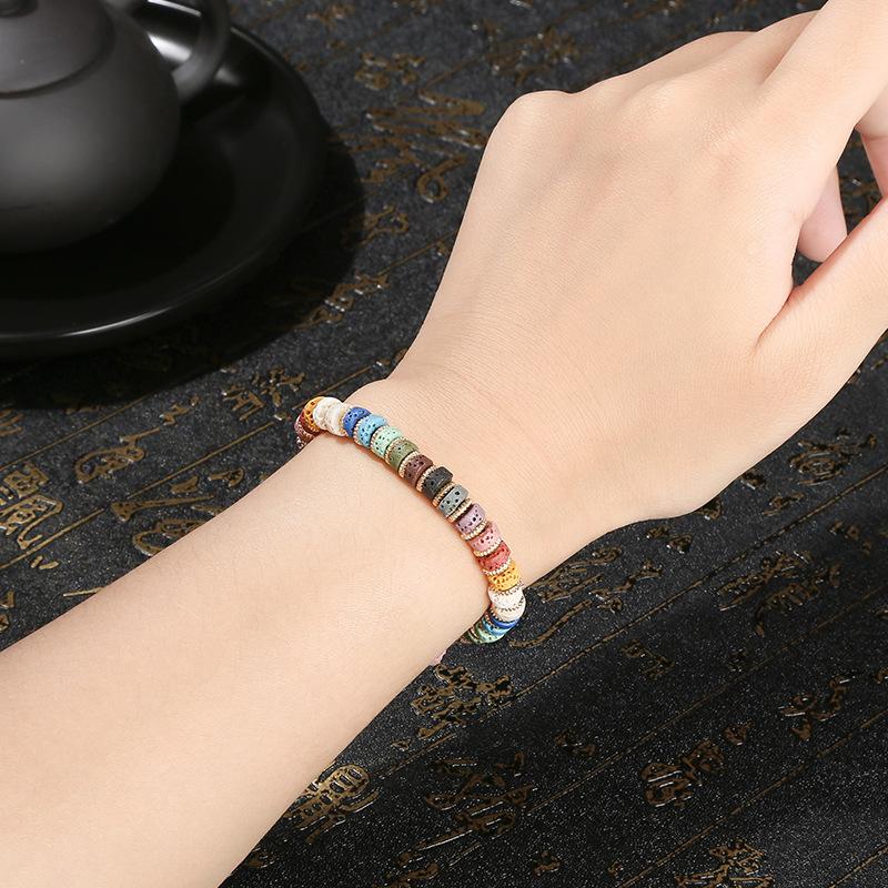 Mixed Color Volcanic Stone Disc Bracelet Retro Ethnic Style Colorful Spacer Gift Women's Jewelry