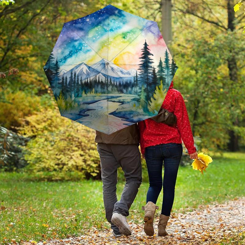 1pc mountain river Automatic Folding Umbrella, Heavy Duty 8 Rib Iron Frame, Suitable for Travel, Daily Use, Birthday, Decor Gift 11