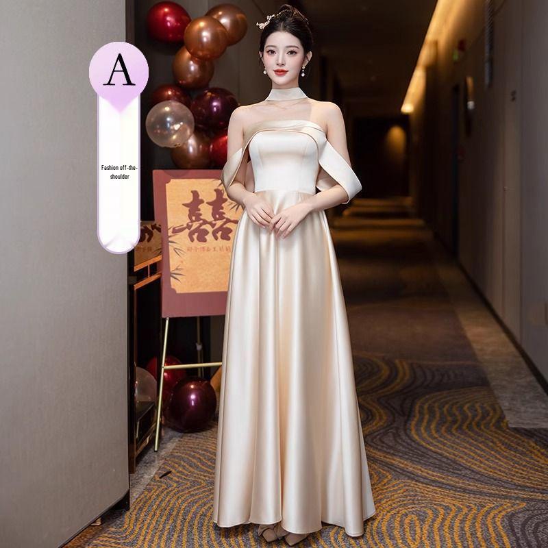 Champagne Satin Bridesmaid Dress - 2025 Autumn/Winter Collection, Versatile High-End Evening Gown for Women
