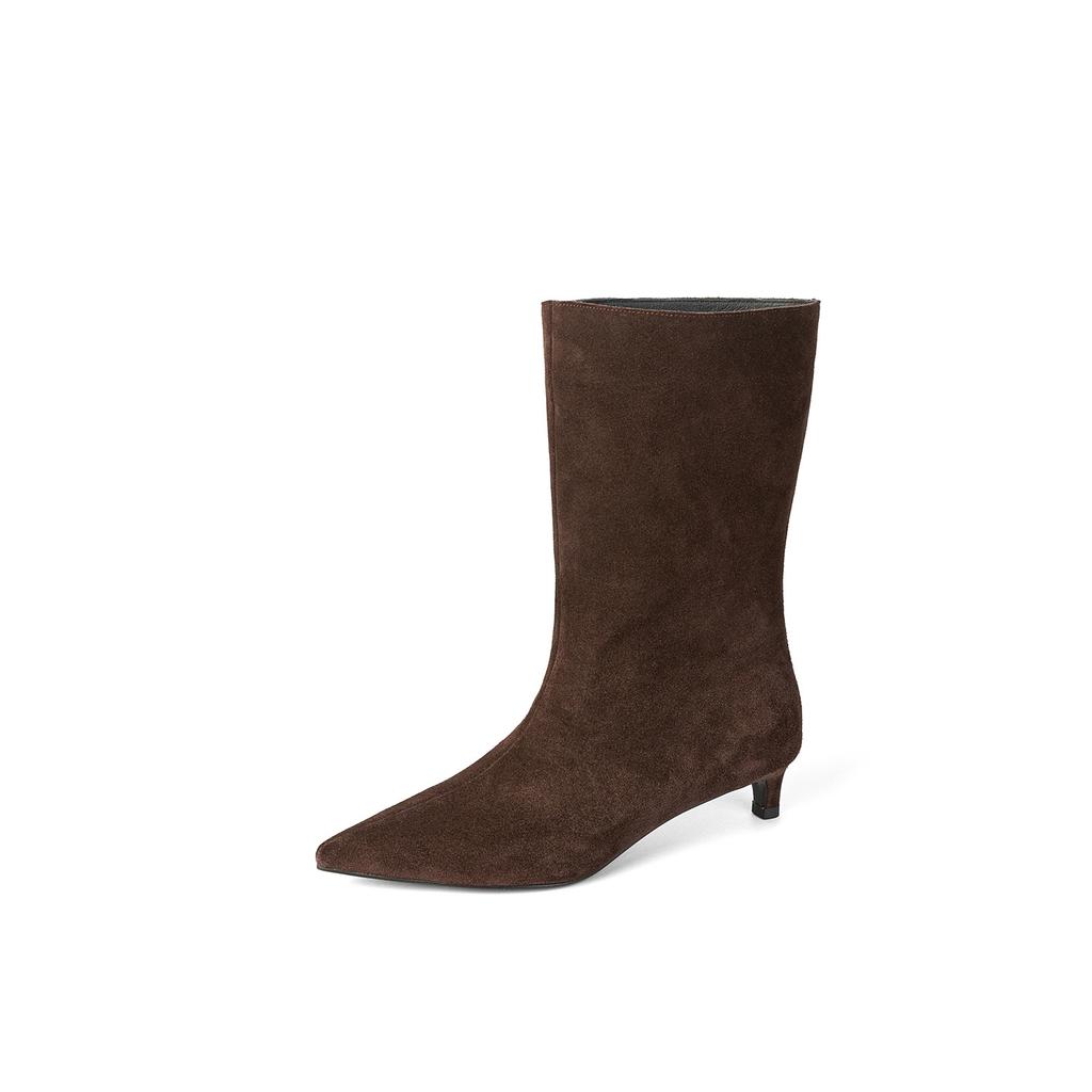 Yellow Cow Velvet Fashion Boots Pointed Splicing Sleeve Thin Heel Medium Heel Simple Medium Tube Boots Large Size