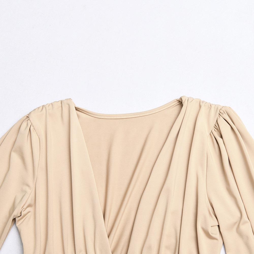 Dame Jumpsuiter Langermet V-hals Plissert Løse Bodysuits Topper For Damer Leotard Skjorter
