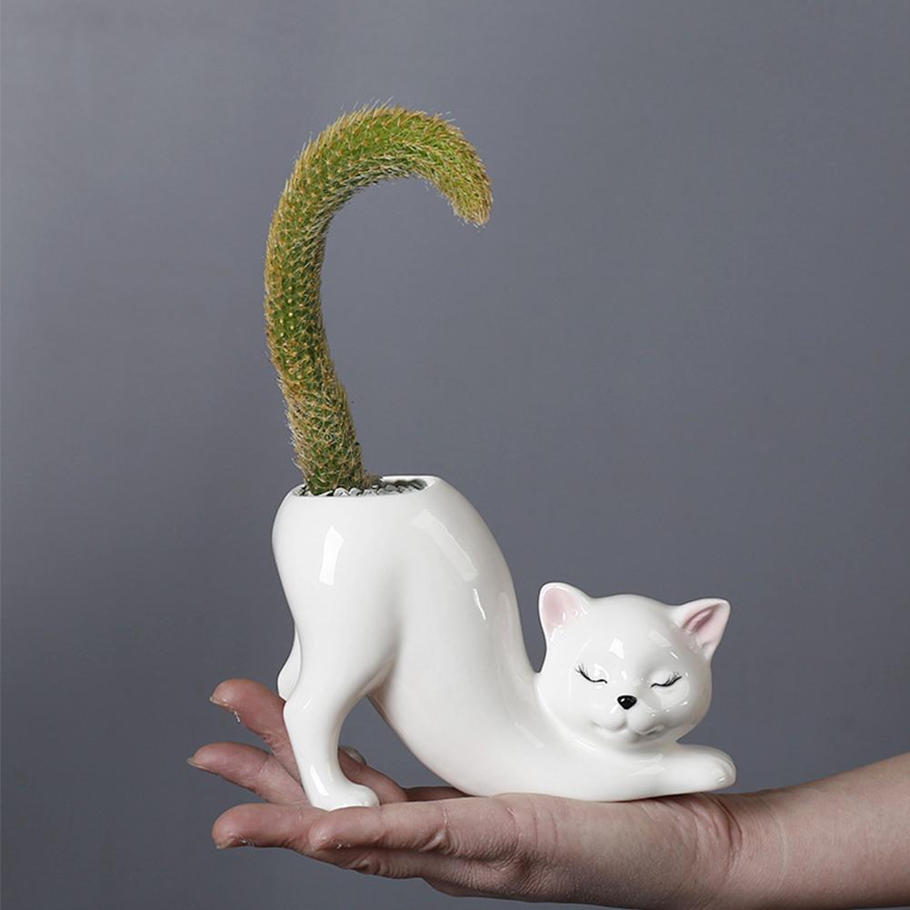 Ceramic Cat Shape Succulent Pot Cute Animal Cactus/Flower Container with Drainage Hole for Home Office Desk Windowsill Decor