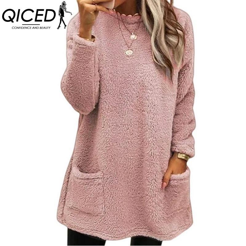 

QICED женские модные повседневные однотонные принты осень-зима с длинными рукавами и круглым вырезом свободные свитера XXXXXL розовый