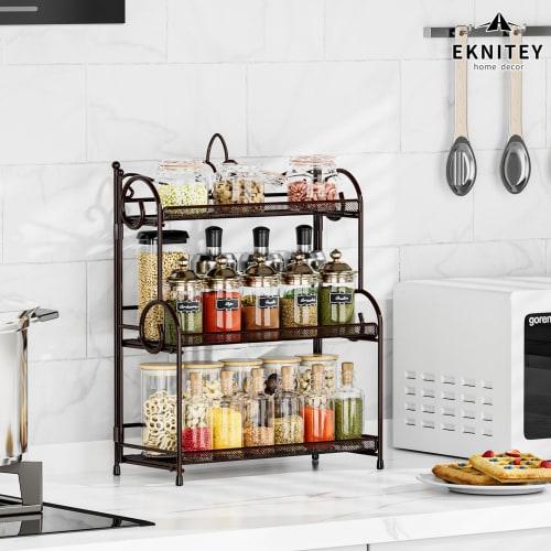 EKNITEY Kitchen Storage Rack, Seasoning Rack, Tabletop Storage Rack, 3-Tier Large Capacity Spice Rack, No Assembly Required, 30cm Wide X 15cm Deep X 4