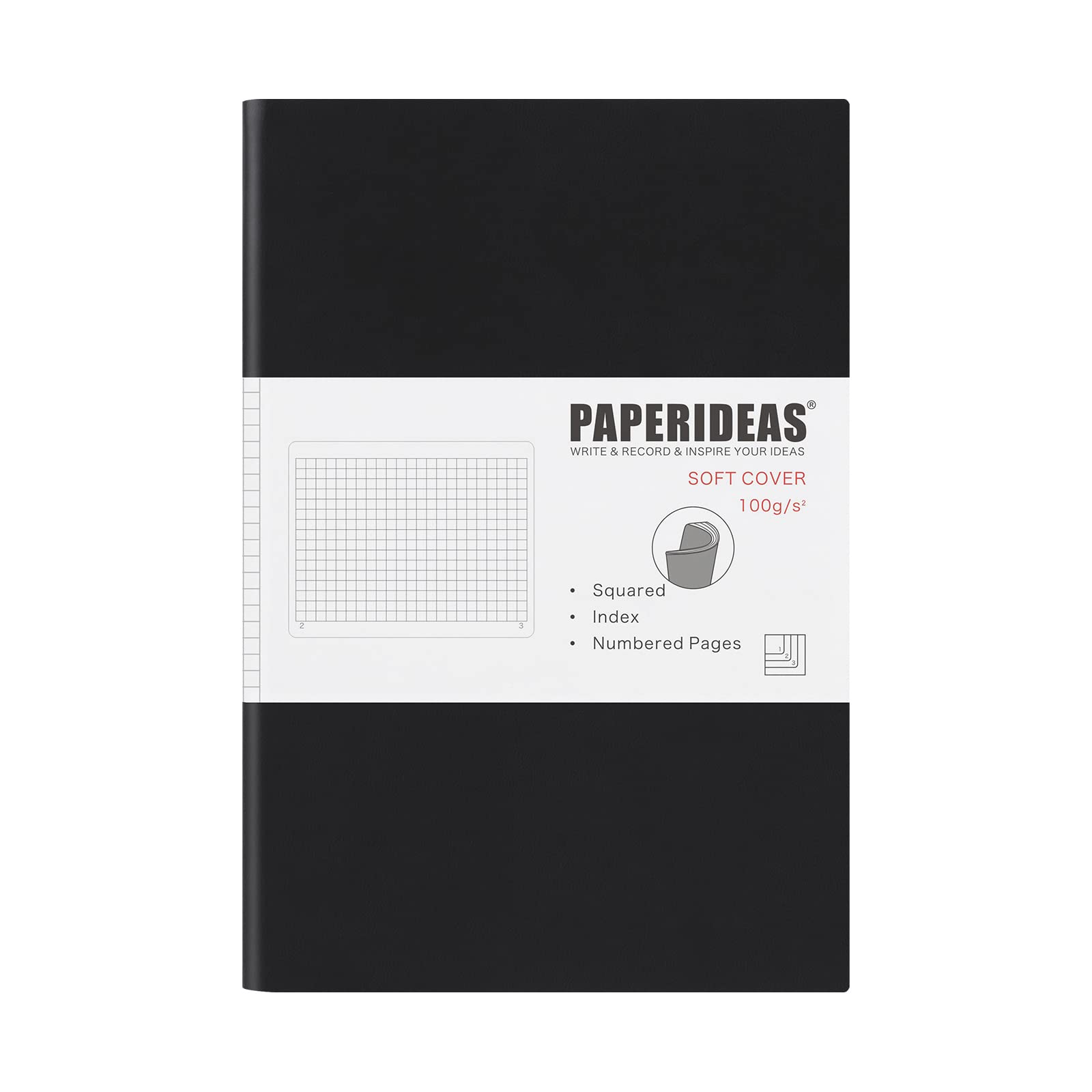 

PAPERIDEAS A5 Softcover Notebook Notebook with Fully Numbered Pages (Grid, Black) Book-like