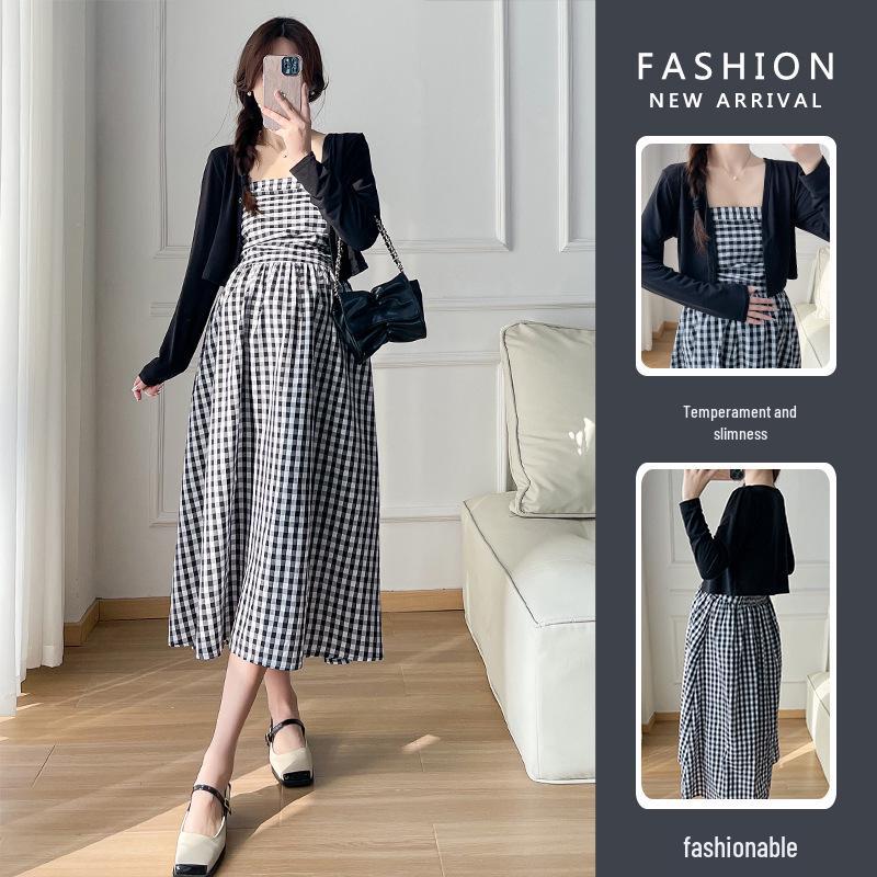 Spring/Summer 2026 Maternity Plaid Bandeau Dress & Black Cardigan Set L