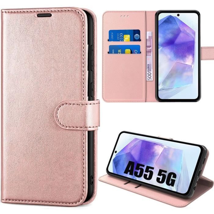 Coque pour Samsung Galaxy A55 5G, Coque en Cuir PU, Protection Antichoc avec Porte-cartes et Fonction de Support, Rose