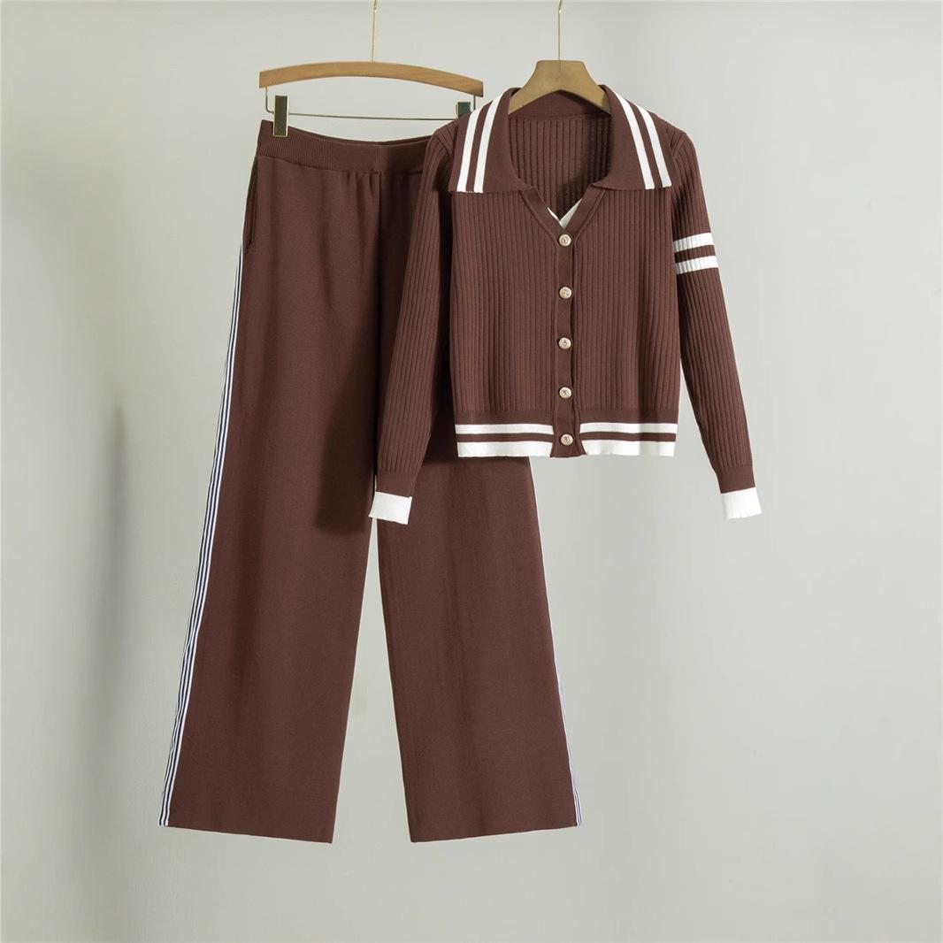 

Korean Style Striped Knit Cardigan and Wide-Leg Pants Set for Women One Size
