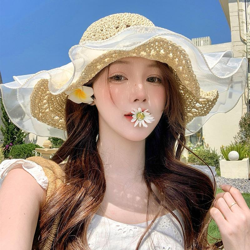 Hyunya wind colored wood beads straw hat women's summer big brim straw bucket hat foldable seaside sunshade sunscreen hat