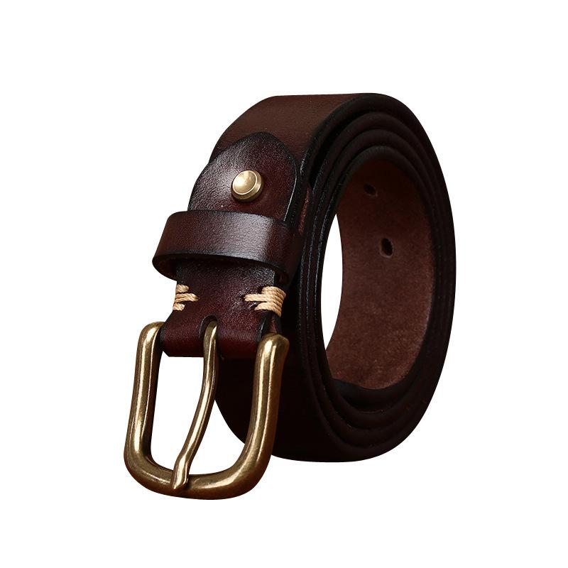 3.3Cm Wide Retro Smooth Leather Belt Men'S First Layer Cowhide Pure Copper Pin Buckle Casual Jeans Belt Men