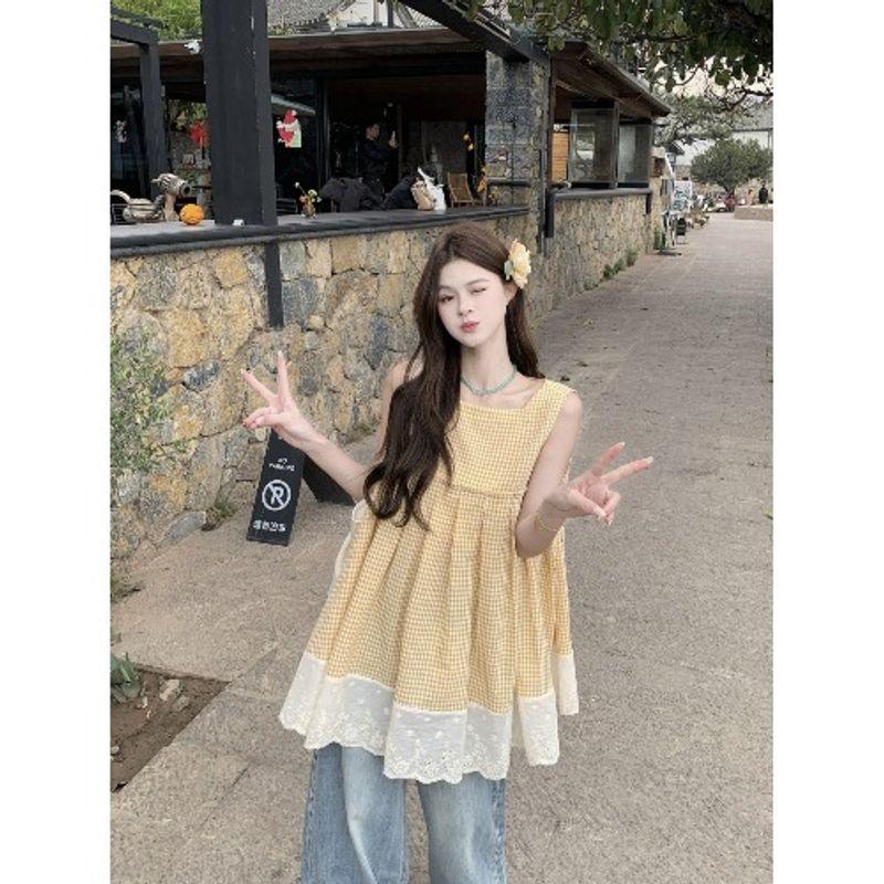 Kumikumi Sweet Style Lace Stitching Cami Women Clothes Summer Age-Reducing Plaid Mid-Length Sleeveless Top