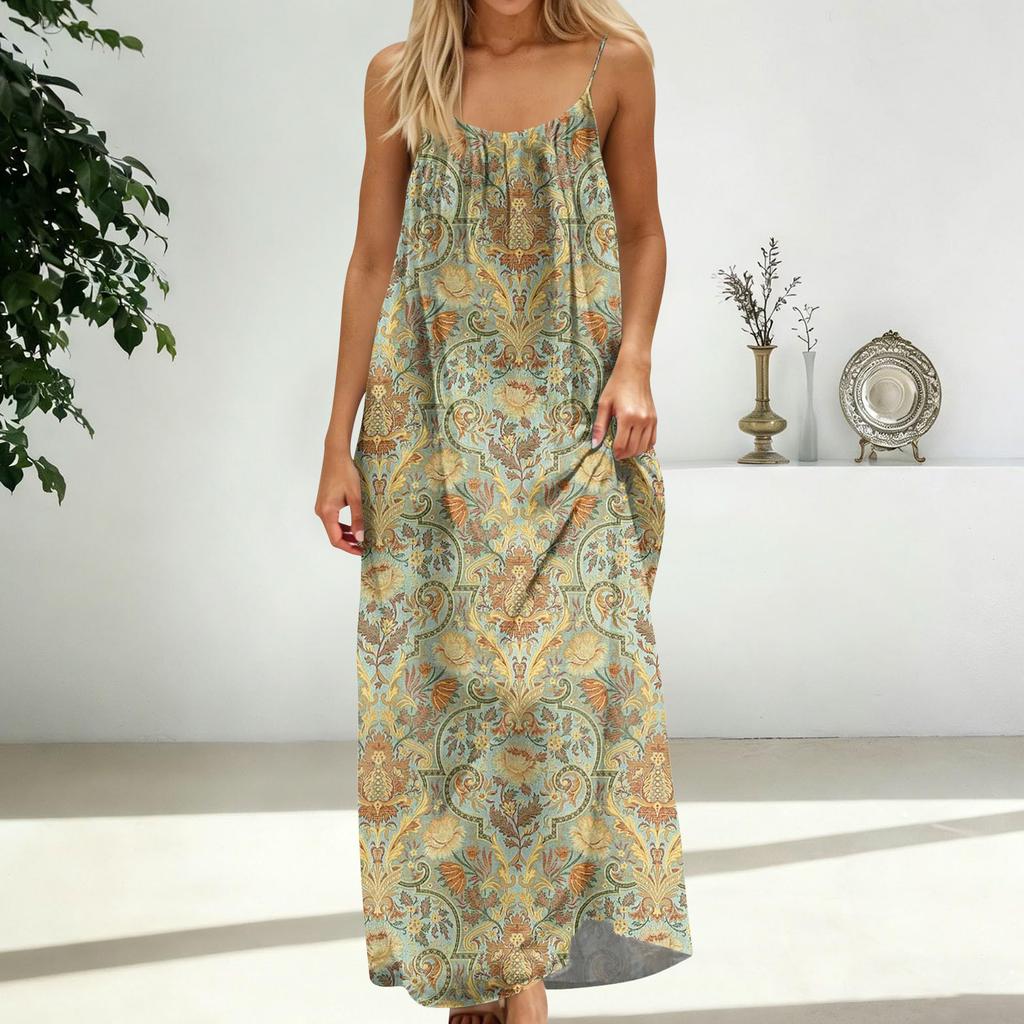 Damenmode Rückenfreies Spaghettiträger Lässiges Lockeres Vintage-Print-Kleid