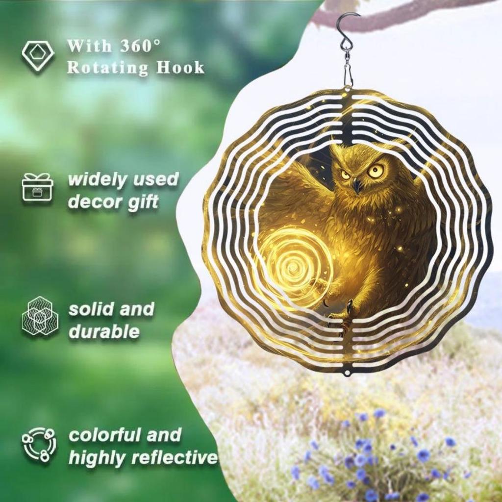 Golden Magic Owl Wind Chime 3D Visual Hanging Outdoor Bird Deterrent Rotating 360 Degree for Garden Patio Wedding Decor No Electricity