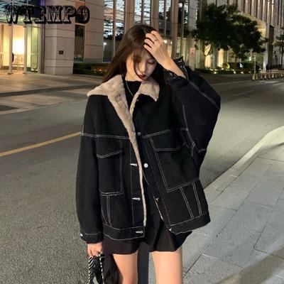 Black Denim Jacket Warm Thickened Women's Loose Plush Coat Single Row Buckle Casual Work Clothes Cotton Jacket Autumn and Winter