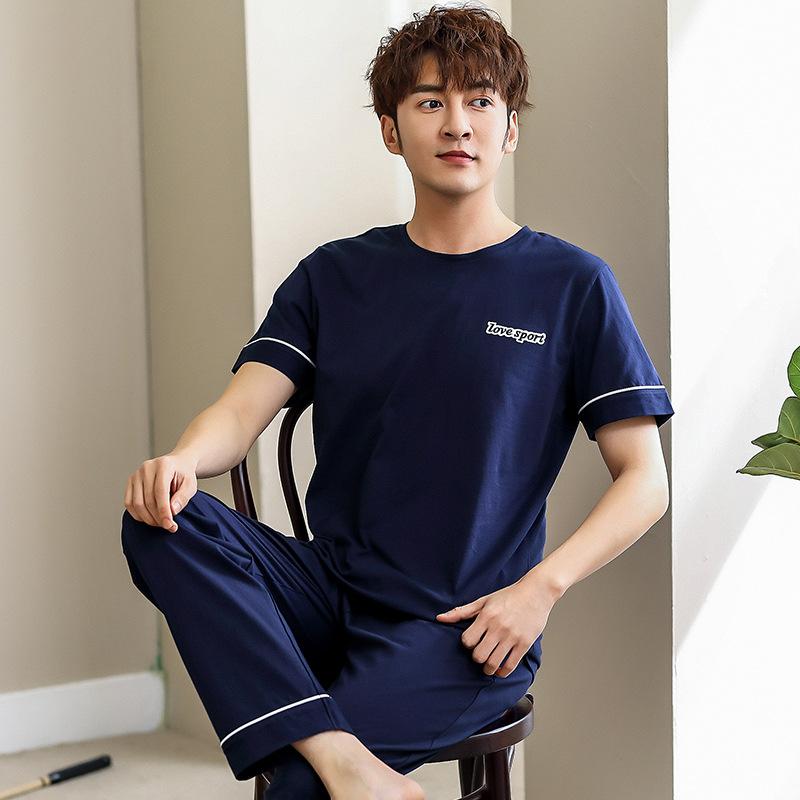 New pajamas men's summer pure cotton short-sleeved trousers youth cotton thin large-size outer loungewear suit