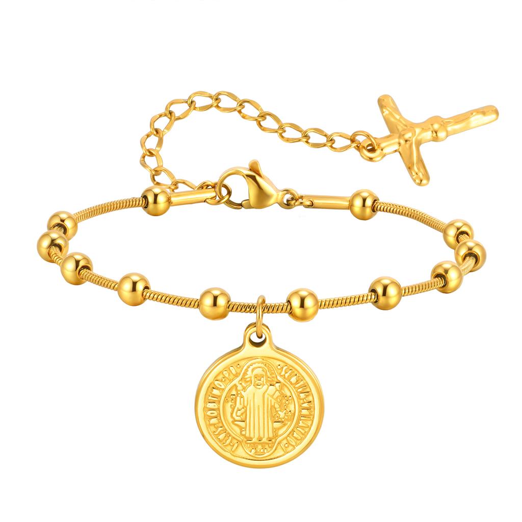 Vnox Stainless Steel Women's Rosary Bracelets, Saint Benedict Virgin Mary Jesus Cross Prayer Bracelet , Trendy Religion Jewelry