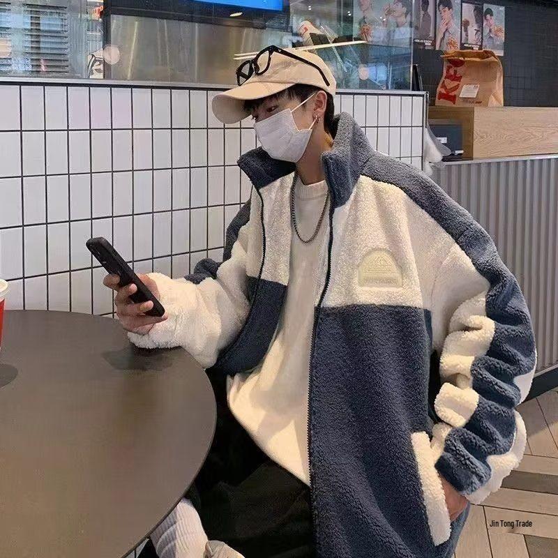 Men's Trendy Hooded Cotton Jacket - Lambswool, Plus Size, Autumn/Winter, Hong Kong Style, Loose Fit, Casual, Warm, Couple's Outerwear