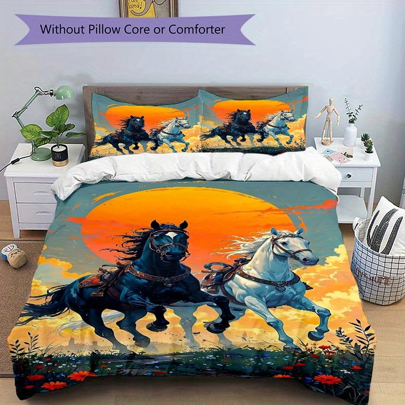 3pcs Set Horse Sunset 1 Quilt Cover + 2 Pillowcases, All Seasons Bedroom Setting, Perfect for Home and Dorm Decor A166