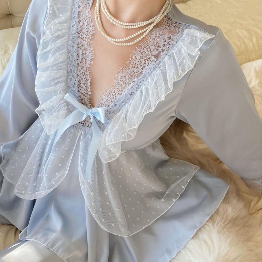 Damen 2-teiliges Pyjama-Set im französischen Palast-Stil, Prinzessinnen-Nachtwäsche, Pyjama-Anzug, Frühling/Sommer, Halbarm-Hose, Homewear, Loungewear