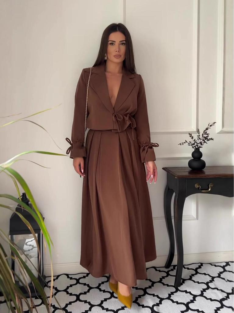 Vintage Långärmad Dam Kort Kostym Topp & Högmidjad A-linje Midi Kjol Set