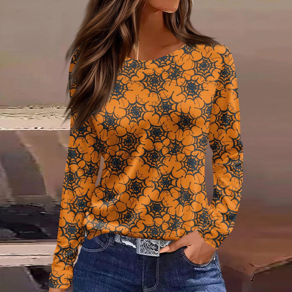 Women's Fashion Hem Slit Casual Halloween Printed Round Neck Long Sleeve Top